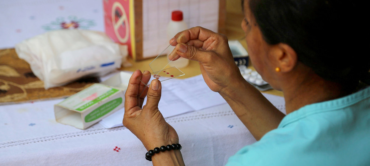 Una trabajadora de salud prepara una prueba de sangre para detectar la malaria.