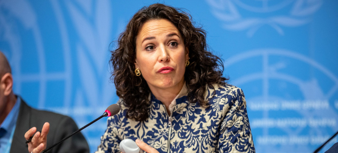 Marta Hurtado, portavoz de la Oficina de la Alta Comisionada para los Derechos Humanos, en una rueda de prensa en Ginebra