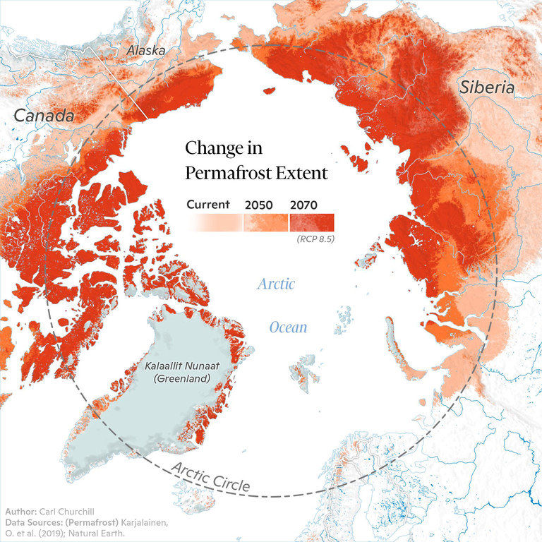 Mapa de la previsión del alcance del permafrost: ahora, en 2050 y en 2070.