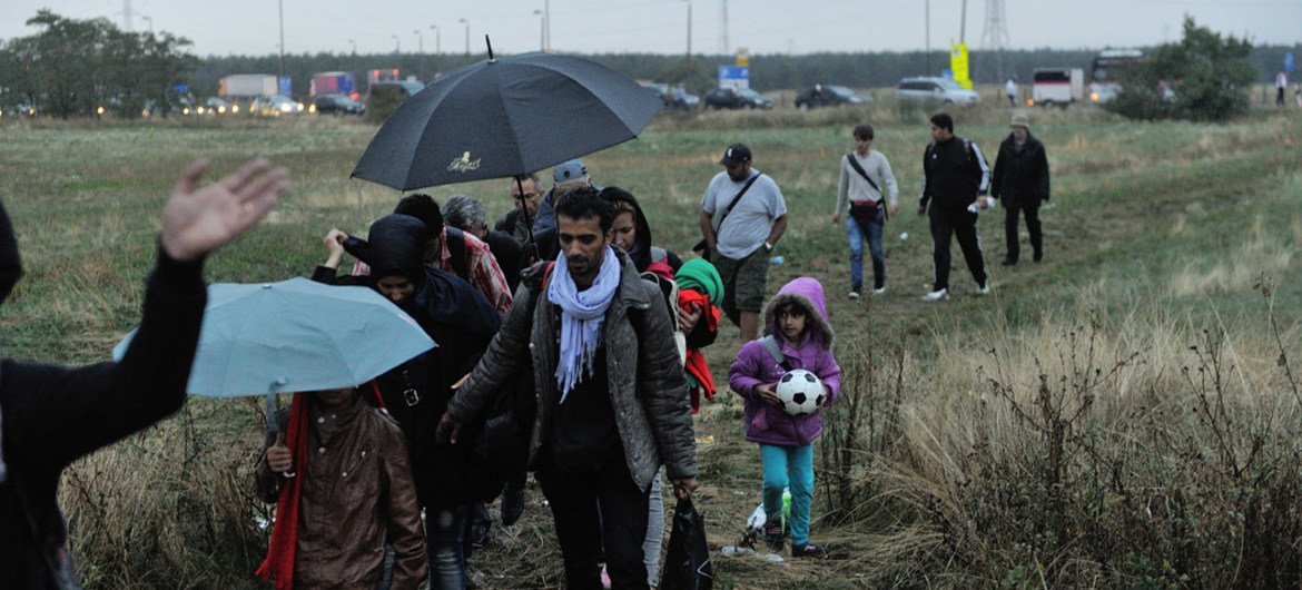 Refugiados sirios cruzan un descampado entre Hungría y Austria. Foto: ACNUR/Mark Henley