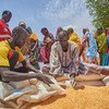 El Programa Mundial de Alimentos distrubuye comida entre desplazados en asentamiento de Murta, en la localidad sudanesa de Kadugli.