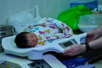 Un bebé recién nacido es pesado en una báscula en un hospital de Ucrania (archivo).