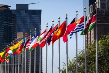 Las banderas de los Estados miembros ondean frente al edificio de la ONU en Nueva York.