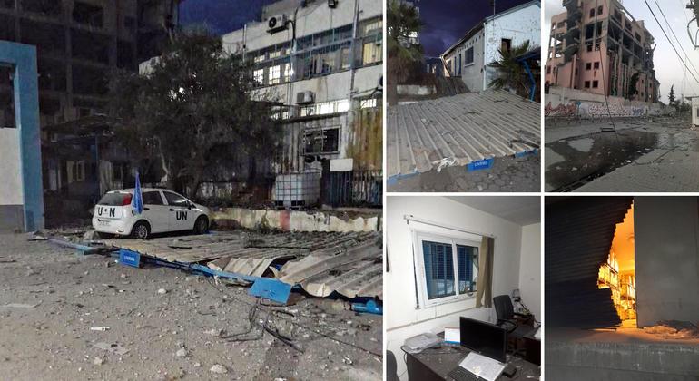 Un edificio que alberga la sede de la UNRWA en la ciudad de Gaza sufre importantes daños tras los ataques aéreos cercanos.